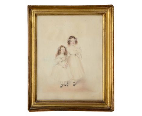 PHILIP AUGUSTUS BARNARD (c.1820-c.1890) Portrait of two sisters, full length, one with flower posy, faintly signed, watercolo