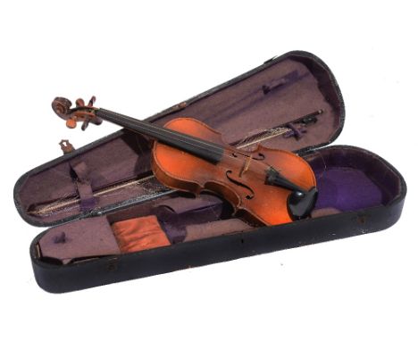 A CZECH MADE VIOLIN with two piece back and printed Anthonius Stradivarius label together with bow, cased 