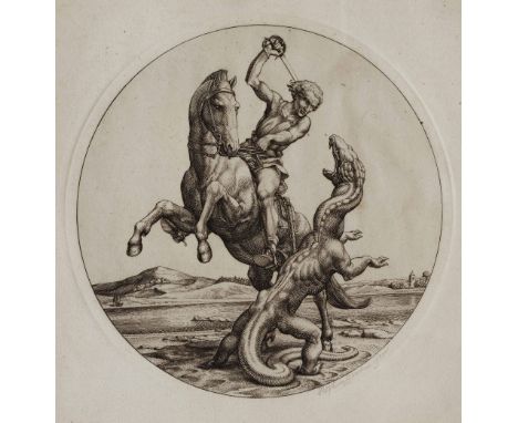 STEPHEN GOODEN (1892-1955) 'St George slaying the Dragon', etching, pencil signed in the margin and dated 1935, 16cm tondo, u