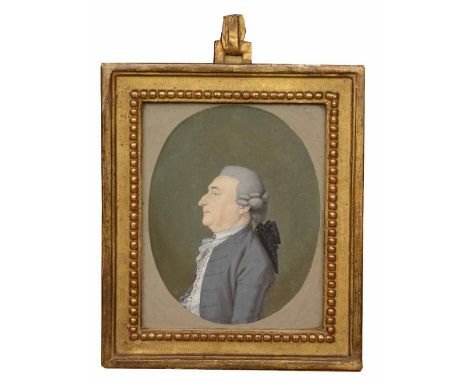 18TH CENTURY CONTINENTAL SCHOOL Portrait of a gentleman, side profile, wearing grey powdered wig, grey jacket and embroidered