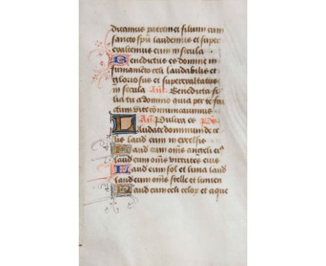AN OLD ILLUMINATED MANUSCRIPT LEAF, double sided, with seventeen lines of Latin text in gilt and colours on vellum, 14.5 x 9c