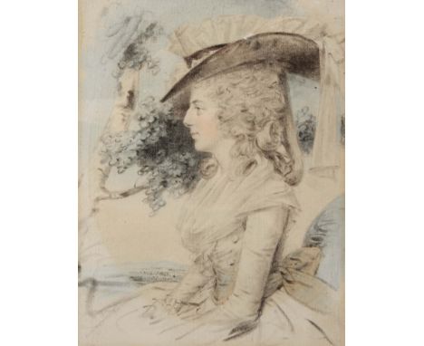 JOHN DOWNMAN (1750-1824) Portrait of a lady, side profile, wearing a frilled bonnet and with shoulder length curly hair again