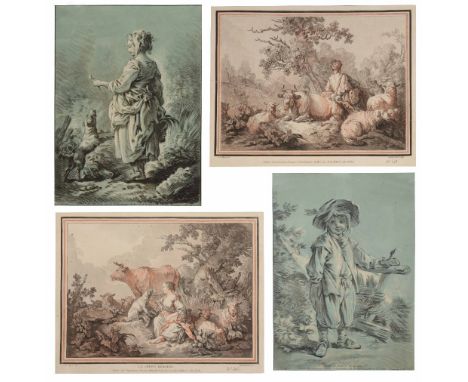 DEMARTEAU AFTER J.B. HUET 'La Jeune Bergere', etching with aquatint, 21 x 27cm; another similar; and a pair of lithographs af