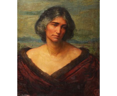 ATTRIBUTED TO ANNIE SWYNNERTON (1844-1933) Portrait of a lady wearing a fur trimmed maroon dress and with distant hills beyon