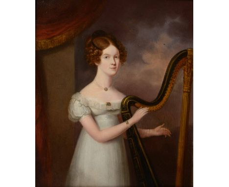19TH CENTURY ENGLISH SCHOOL Portrait of a young lady with harp beneath a red draped curtain, oil on copper, 29.5 x 25cm