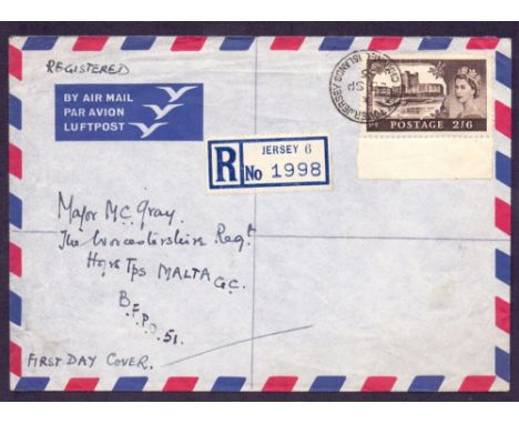 FIRST DAY COVER 1955 2/6 Castle on registered airmail cover Jersey to Malta, neatly cancelled on the first day of issue 23rd 