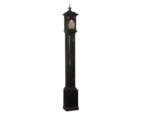 An ebonised miniature thirty-hour longcase timepiece with alarm The movement...   An ebonised miniature thirty-hour longcase 