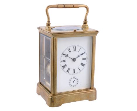 A French lacquered brass carriage clock with push-button repeat and alarm...   A French lacquered brass carriage clock with p