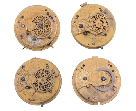 Four English gilt brass pocket watch movements Various makers late...   Four English gilt brass pocket watch movements Variou