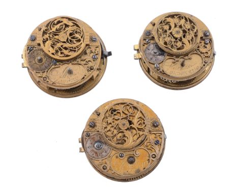 Three similar Continental gilt brass verge pocket watch movements Bearing...   Three similar Continental gilt brass verge poc