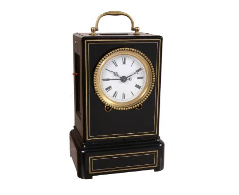 An unusual Swiss brass inlaid ebonised mantel clock with alarm Unsigned   An unusual Swiss brass inlaid ebonised mantel clock