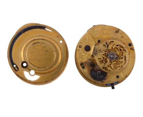 A George II/III gilt brass verge pocket watch movement with cylinder...   A George II/III gilt brass verge pocket watch movem