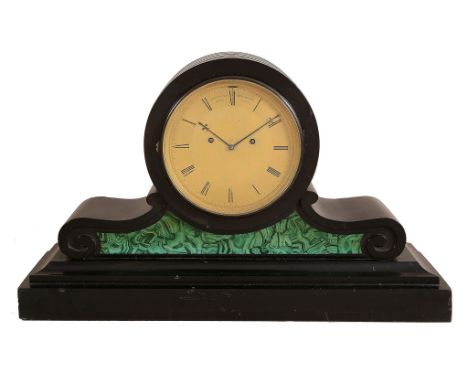 A Victorian malachite inset black marble drumhead mantel clock James McCabe   A Victorian malachite inset black marble drumhe