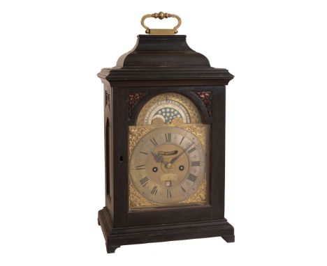 A rare George II ebonised table clock with moonphase Thomas Hatton, London   A rare George II ebonised table clock with moonp