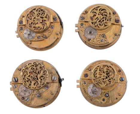Four similar Dutch gilt brass verge pocket watch movements Bearing various...   Four similar Dutch gilt brass verge pocket wa