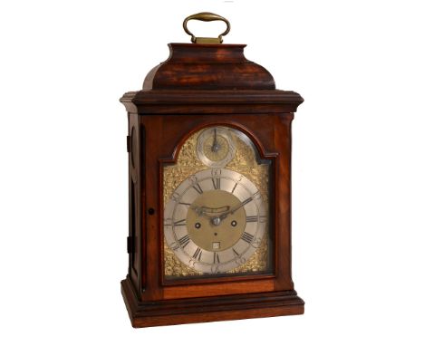 A George III fruitwood table clock Unsigned   A George III fruitwood table clock Unsigned, circa 1760  The five pillar twin f