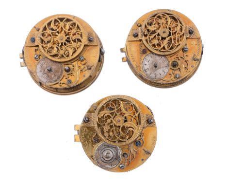 Three similar Dutch gilt brass verge pocket watch movements Bearing various...   Three similar Dutch gilt brass verge pocket 