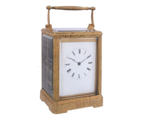 A fine French engraved gilt brass carriage clock Auguste, Paris   A fine French engraved gilt brass carriage clock Auguste, P