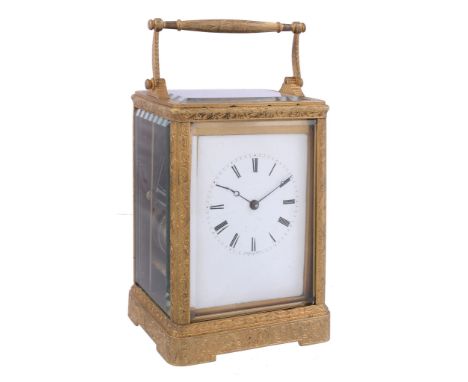 A fine French engraved gilt brass carriage clock Auguste, Paris   A fine French engraved gilt brass carriage clock Auguste, P