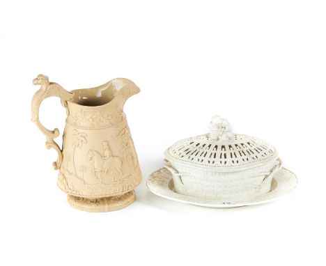 A LATE 18TH CENTURY LEEDS CREAMWARE STYLE BASKET AND STAND, the pierced cover cherub and basket finial, moulded faux trellis 