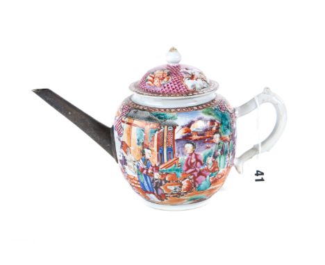 AN 18TH CENTURY CHINESE PORCELAIN MANDARIN PATTERN TEAPOT AND COVER with pink trellis ground, replacement silver spout, 7 ins