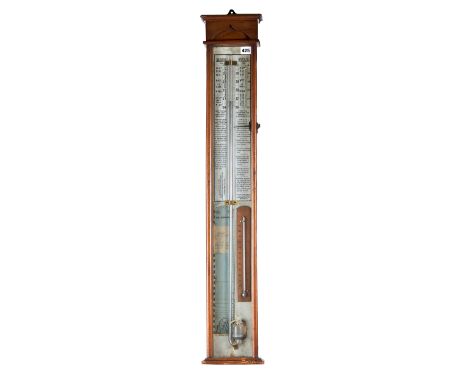 A 19TH CENTURY OAK CASED ADMIRAL FITZROY BAROMETER with internal thermometer, 39 1/2 ins high.   £?