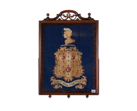 A VICTORIAN ROSEWOOD FRAMED ARMORIAL WOOLWORK TAPESTRY, with motto "DEo Non Fortuna" (By God Nor Fortune), 22 1/2 ins x 17 1/