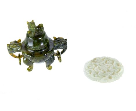 A SMALL CHINESE SPINACH GREEN JADE CENSER AND COVER with kylin dog ring handles, 3 1/2 ins high and a pierced celadon jade RO