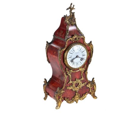 A 19TH CENTURY RED TORTOISESHELL AND ORMOLU MOUNTED MANTEL CLOCK, Japy Freres twin train movement, white enamel dial retailed