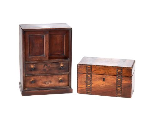 A 19TH CENTURY WALNUT AND TUNBRIDGEWARE BANDED TWO DIVISION TEA CADDY, 9 ins x 5 ins and a late 19th Century double door CABI