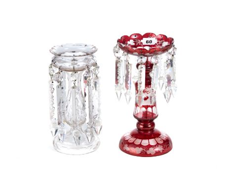 A LATE 19TH CENTURY BOHEMIAN RUBY FLASH LUSTRE with engraved vine leaf decoration, 10 1/2 ins high and a late 19th Century cu