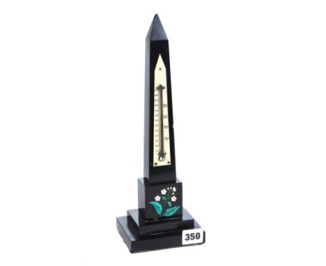 A 19TH CENTURY DERBYSHIRE MARBLE OBELISK THERMOMETER inlaid with coloured floral design on a stepped base, 13 ins high.   £80