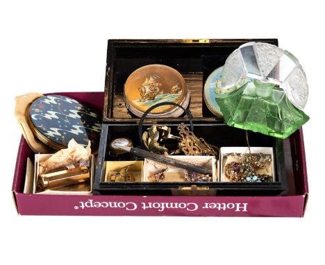 A BOX OF SUNDRY COSTUME JEWELLERY including a 9ct  gold BROOCH, sundry COMPACTS and an art deco SCENT BOTTLE.   £30-£50