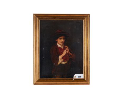 A LATE 19TH/EARLY 20TH CENTURY OIL ON CANVAS, young boy playing a pipe, unsigned, 15 3/4 ins x 11 1/2 ins, framed (re-lined).