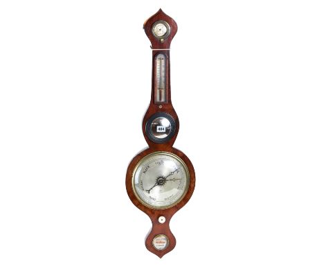A 19TH CENTURY MAHOGANY BANJO BAROMETER, 8 ins silvered dial with mirror, thermometer, hygrometer and spirit level, 36 1/2 in