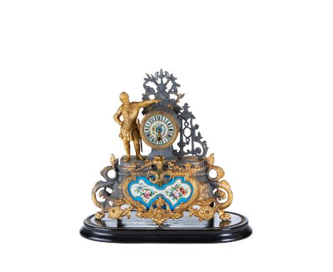 A 19TH CENTURY FRENCH GILT SPELTER AND PORCELAIN CASED MANTEL CLOCK, single train movement, the case with medieval knight ado
