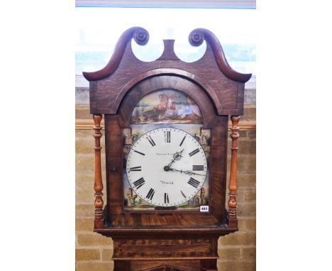 SIMPSON YEATES, PENRITH, A MID 19TH CENTURY OAK AND MAHOGANY LONGCASE CLOCK, arched painted dial with 30 hour movement, swan 