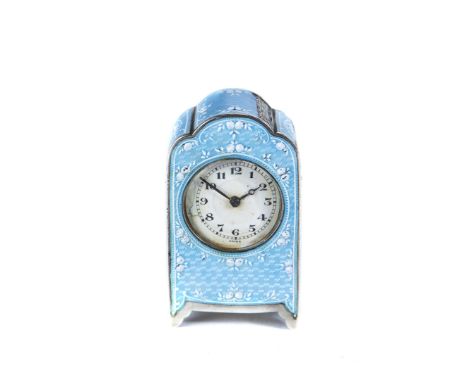 AN EDWARDIAN SWISS SILVER AND ENAMEL MINIATURE CLOCK, circular enamel dial, stamped Argent 0.935, Wittnauer movement, 2 ins h