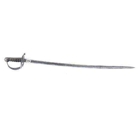 A 19TH CENTURY BRITISH INFANTRY SWORD with pierced steel basket hilt and shagreen grip, blade length 32 ins, lacks scabbard. 