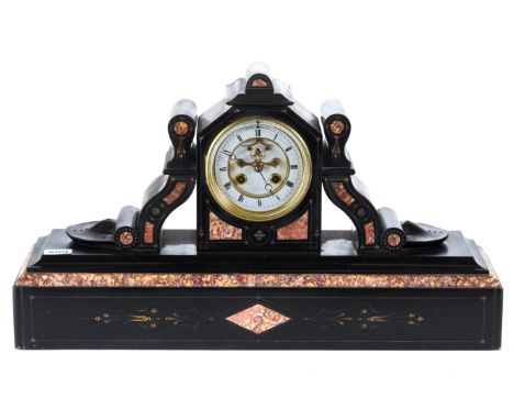 HENRI MARC, PARIS, A GOOD QUALITY 19TH CENTURY BLACK/VARIEGATED MARBLE MANTEL CLOCK, white enamel dial with visible Brocot es