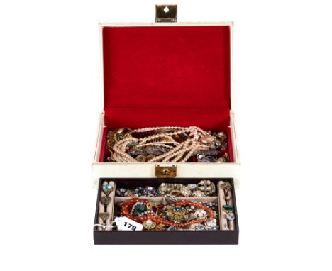 A BOX OF SUNDRY COSTUME JEWELLERY including a yellow gold two stone diamond RING.   £50-£75