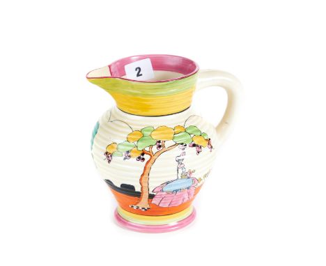 A 20TH CENTURY CLARICE CLIFF NEWPORT POTTERY JUG hand painted with a crinoline lady in a garden setting, black printed "Bizar