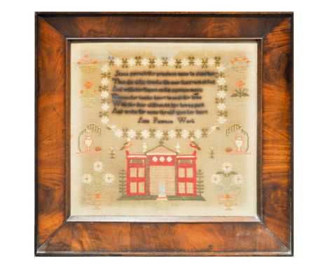 Victorian sampler, designed with a verse, 'Jesus permit thy gracious name ....', within a wreath border, above a building wit