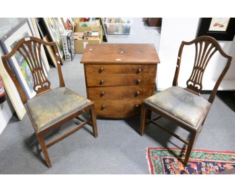 Pair of George III mahogany dining chairs, pierced vase splats, drop-in seats, square tapering legs, joined by stretchers, 52