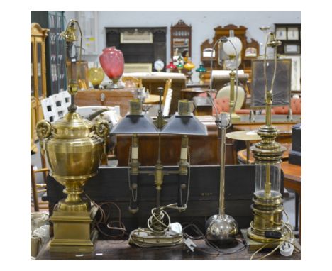 Large contemporary brass lamp, no shade, 92cm; three other contemporary table lamps. (4)