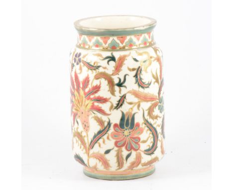 Zsolnay, Pecs, cylindrical vase, painted with flowers and leafy scrolls, printed mark, 24cm.