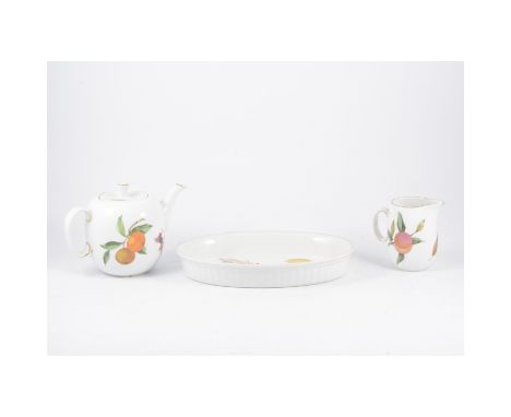 A quantity of Royal Worcester "Evesham" oven to table ware, plates, cups and saucers, teapot, condiments, covered vegetable d