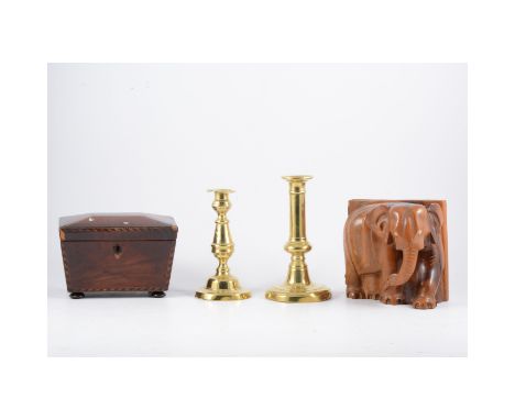 Edwardian inlaid mahogany three-tier cake-stand, 91cm; together with an inlaid sarcophagus-shape tea caddy; two pairs of Vict