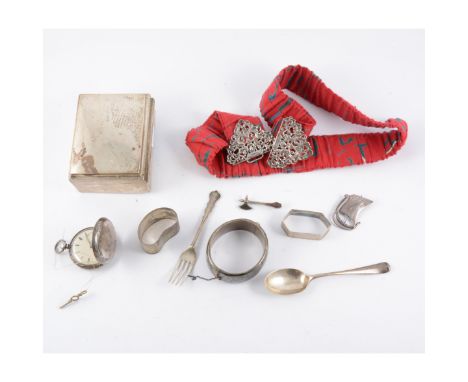 Silver nurse's buckle, Viking boat brooch, another brooch, Christening fork and spoon, two napkin rings, pocket watch, bangle