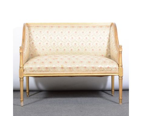 French canape square wing-back, tapestry upholstered back and seat, gilt frame with turned and fluted legs, width 107cm, dept